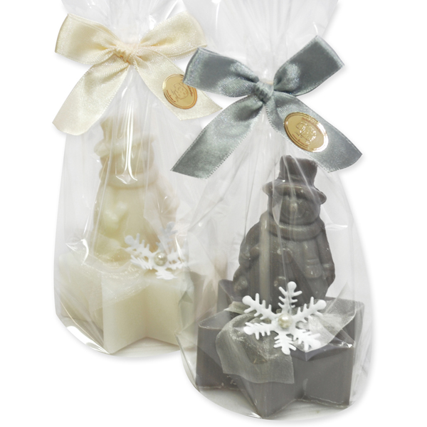 Sheep milk soap star 80g, decorated with a snowman 40g in a cellophane, Classic/christmas rose silver 