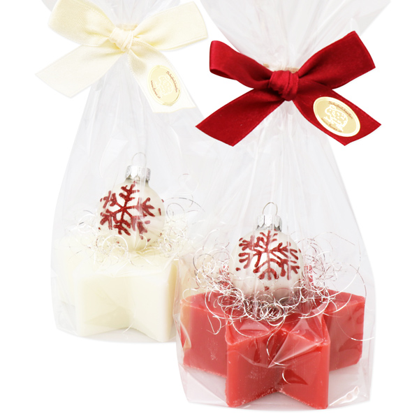 Sheep milk soap star 80g, decorated with a christmas ball in a cellophane, Classic/pomegranate 