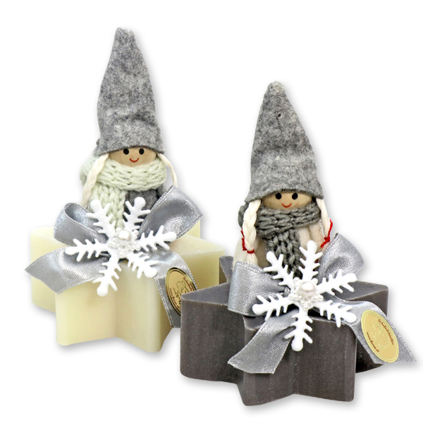 Sheep milk star soap 80g decorated with a gnome, Classic/christmas rose silver 