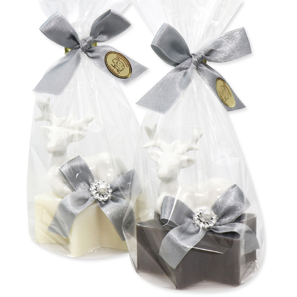 Sheep milk star soap 80g decorated with a deer in a cellophane, Classic/christmas rose silver 