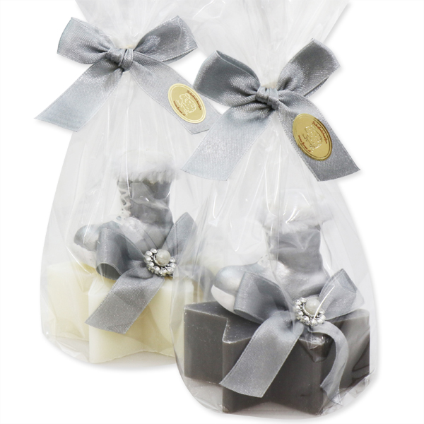 Sheep milk soap star 80g, decorated with a boot in a cellophane, Classic/christmas rose silver 