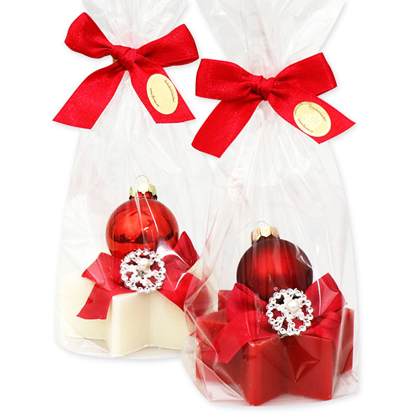 Sheep milk soap star 80g, decorated with a christmas ball in a cellophane, Classic/pomegrante 