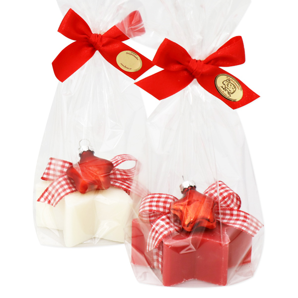 Sheep milk soap star 80g, decorated with a glass star in a cellophane, Classic/pomegranate 