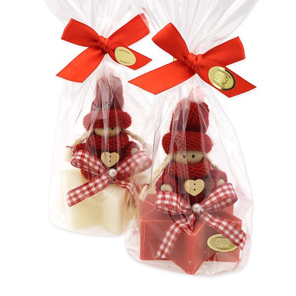 Sheep milk soap star 80g decorated with a gnome in a cellophane, Classic/pomegranate 