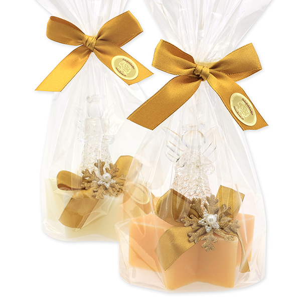 Schafmilchseife Stern 80g dekoriert mit Engel in Cello, Classic/Zirbe 