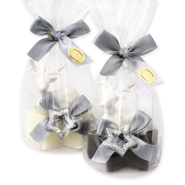 Sheep milk star soap 80g decorated with a deer in a cellophane, Classic/christmas rose silver 