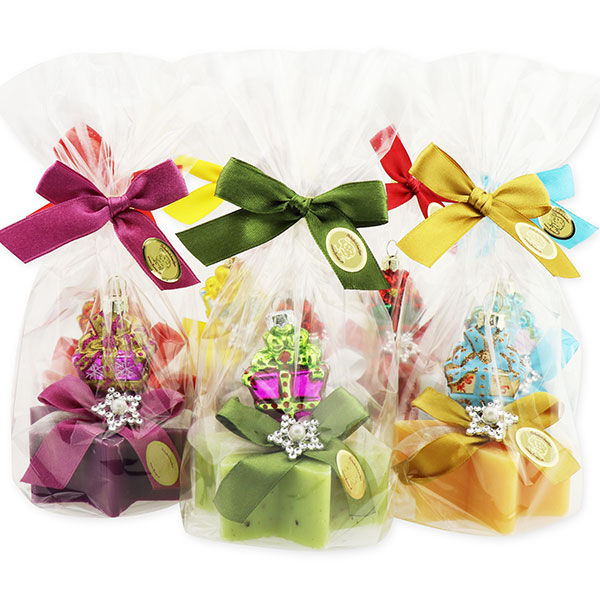 Schafmilchseife Stern 80g dekoriert mit Glasgeschenk in Cello, sortiert 