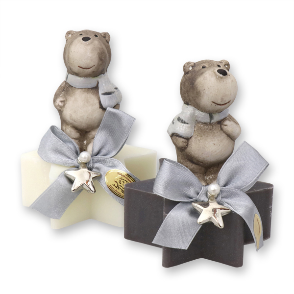 Sheep milk soap star 80g, decorated with a bear, Classic/christmas rose silver 