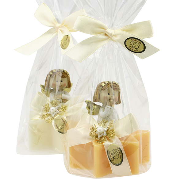 Sheep milk soap star small 80g decorated with an angel in a cellophane bag, Classic/swiss pine 