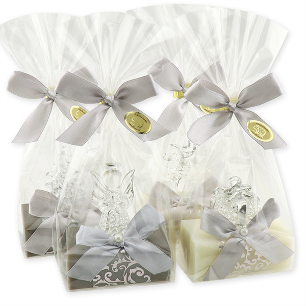 Sheep milk soap 100g, decorated with glass figures in a cellophane, Classic/christmas rose silver 