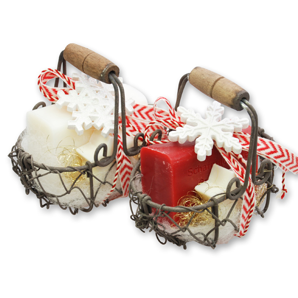 Wire basket filled with sheep milk soap 100g and star 20g Classic decorated with a snowflake, Classic/pomegranate 