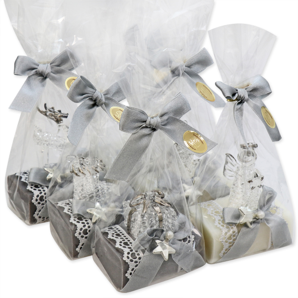 Sheep milk soap 100g, decorated with glass angels in a cellophane, Classic/christmas rose silver 