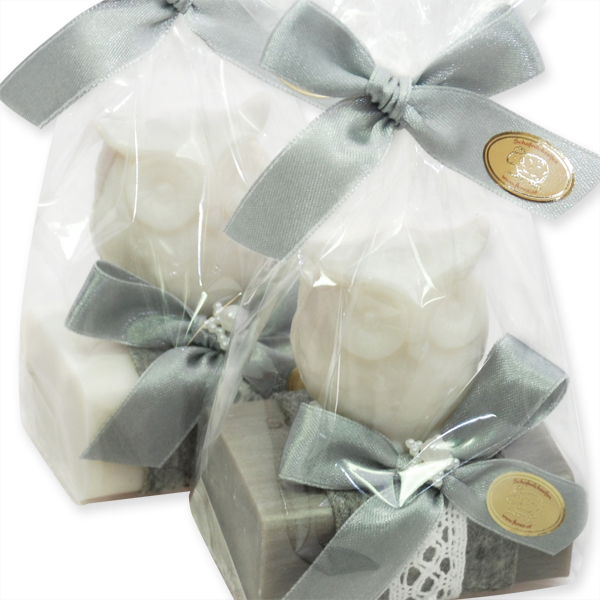 Sheep milk soap 100g, decorated with soap owl 50g in a cellophane, Christmas rose white/silver 