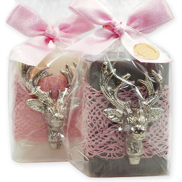 Sheep milk soap 100g, decorated with a deer head in a cellophane, Classic/christmas rose silver 