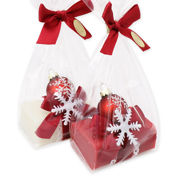 Sheep milk soap 100g, decorated with a christmas glass ball in a cellophane, Classic/pomegranate 