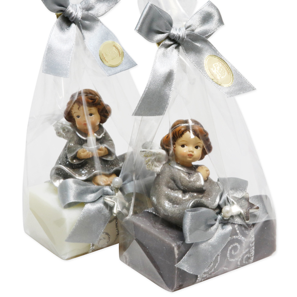 Sheep milk soap 100g decorated with an angel in a cellophane, Classic/christmas rose silver 