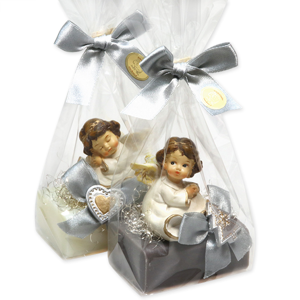 Sheep milk soap 100g decorated with an angel in a cellophane, Classic/christmas rose silver 