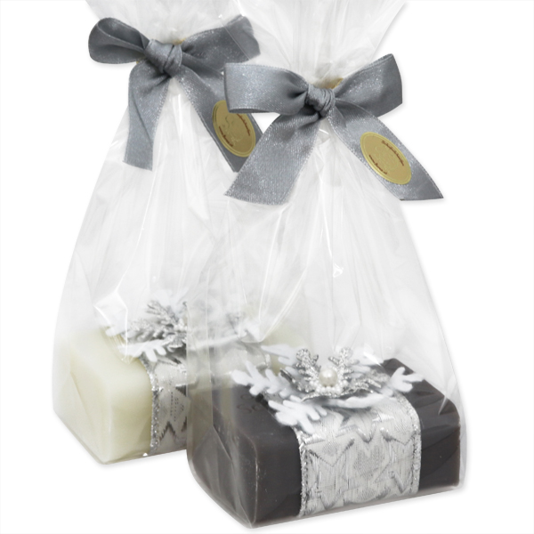 Sheep milk soap 100g, decorated with a snowflake in a cellophane, Classic/christmas rose silver 