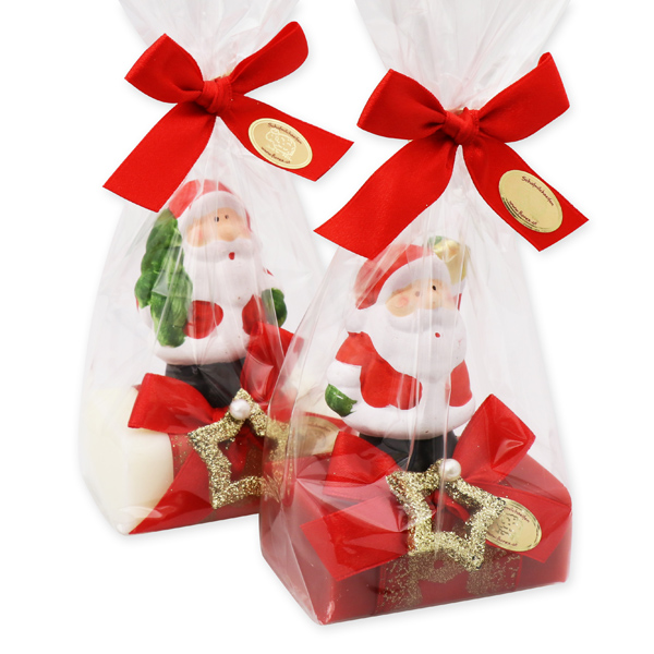 Schafmilchseife eckig 100g, dekoriert mit Weihnachtsmann in Cello, Classic/Granatapfel 