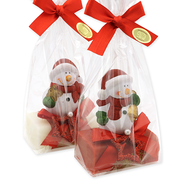 Sheep milk soap 100g decorated with a snowman in a cellophane, Classic/pomegranate 