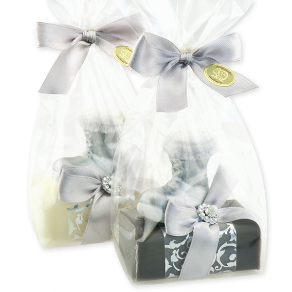 Sheep milk soap 100g, decorated with a boot in a cellophane, Classic/christmas rose silver 