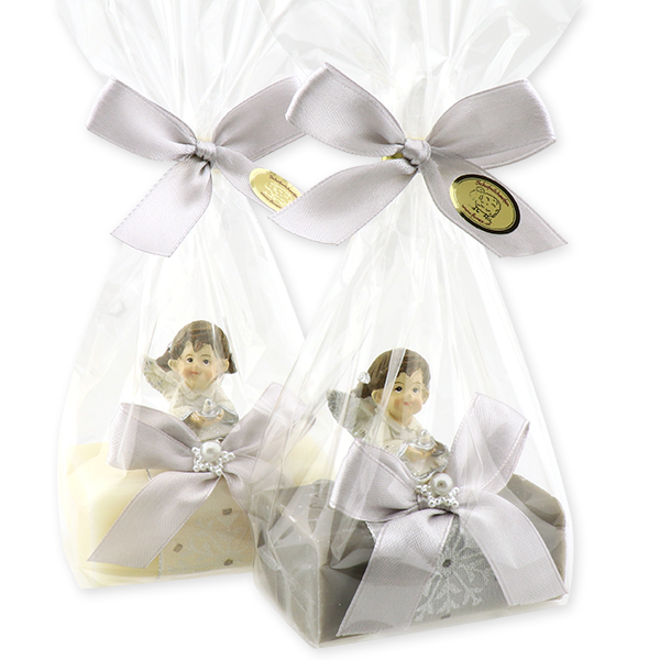 Sheep milk soap 100g decorated with an angel in a cellophane, Classic/christmas rose silver 