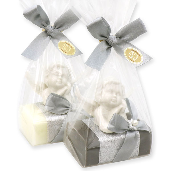 Sheep milk soap 100g decorated with an angel in a cellophane, Classic/christmas rose silver 