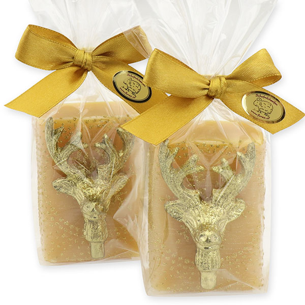 Sheep milk soap 100g decorated with a deer head in a cellophane, Classic/swiss pine 