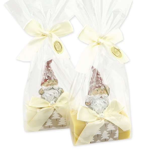 Sheep milk soap 100g decorated with a gnome in a cellophane bag, Classic/swiss pine 