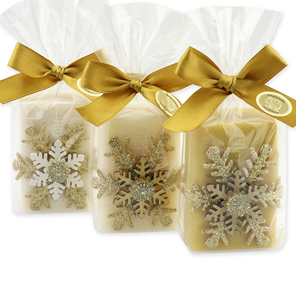 Sheep milk soap square 100g decorated with snowflakes in a cellophane bag, Classic/Christmas rose/Swiss pine 