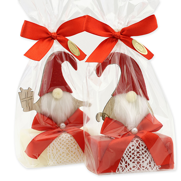 Sheep milk soap 100g, deocrated with a gnome in a cellophane bag, Classic/pomegranate 