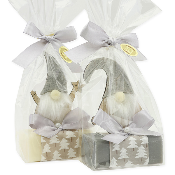 Sheep milk soap 100g, decorated with a gnome in a cellophane bag, Classic/Christmas rose silver 