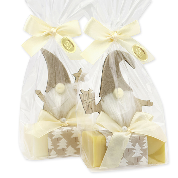 Sheep milk soap 100g, decorated with a gnome in a cellophane bag, Classic/Swiss pine 