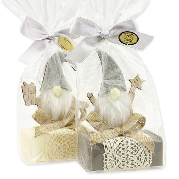 Sheep milk soap 100g, decorated with a gnome in a cellophane bag, Classic/Christmas rose silver 