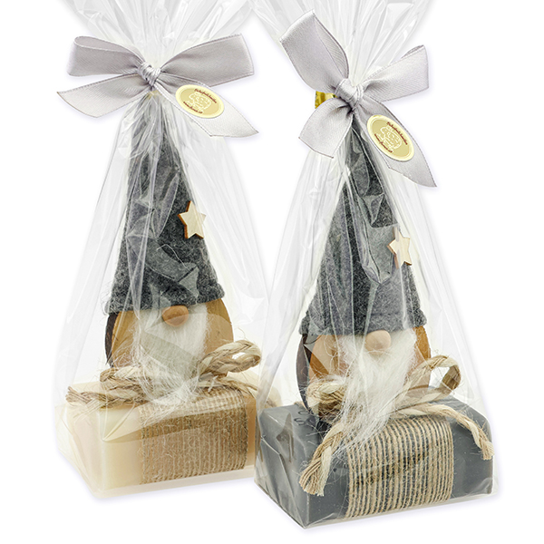 Schafmilchseife eckig 100g dekoriert mit Wichtel in Cello, Classic/Christrose 