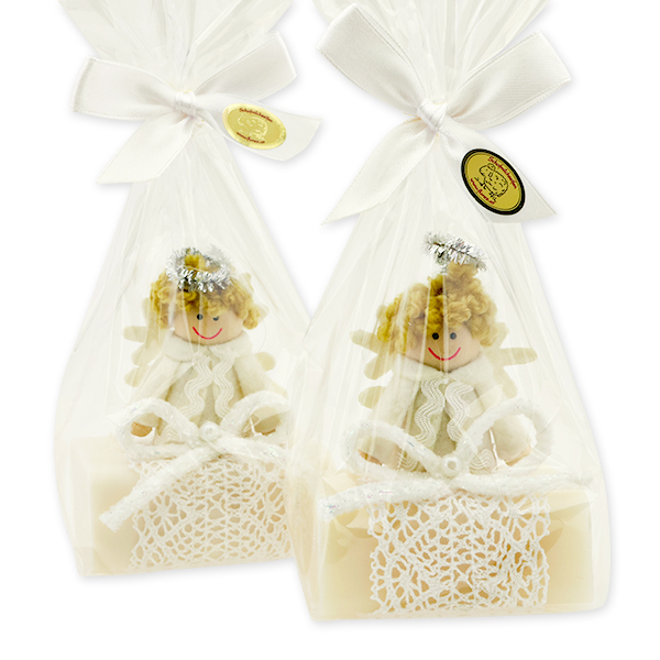 Sheep milk soap 100g deocrated with an angel in a cellophane bag, Classic/christmas rose 