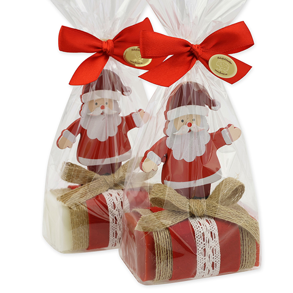 Schafmilchseife eckig 100g dekoriert mit Weihnachtsmann in Cello, Classic/Granatapfel 