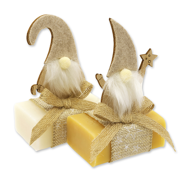 Schafmilchseife eckig 100g dekoriert mit Wichtel, Classic/Zirbe 