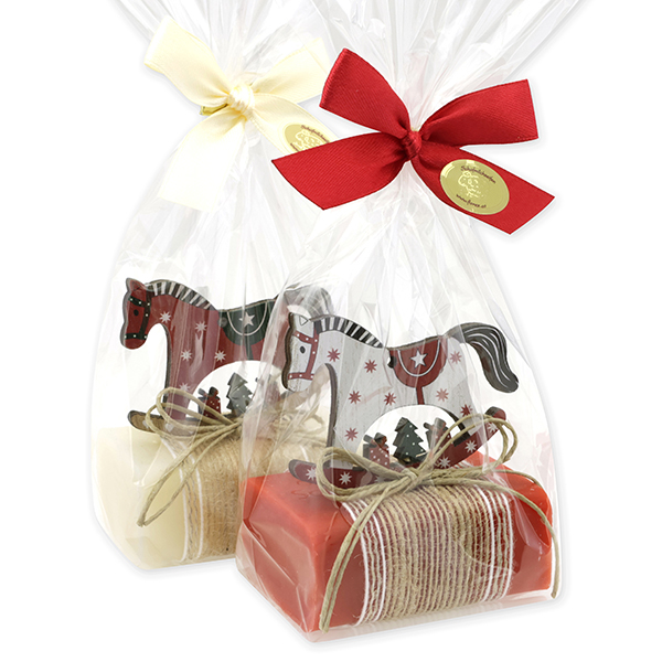 Sheep milk soap 100g deocrated with a rocking horse in a cellophane, Classic/pomegranate 