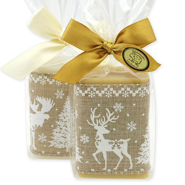 Schafmilchseife eckig 100g dekoriert mit Dekoband Hirsch in Cello, Classic/Zirbe 