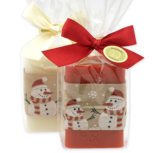 Schafmilchseife eckig 100g dekoriert mit Dekoband Schneemann in Cello, Classic/Granatapfel 