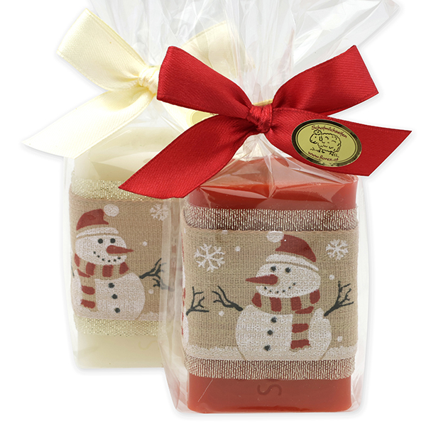 Sheep milk soap 100g deocrated with a snowman-ribbon in a cellophane, Classic/pomegranate 