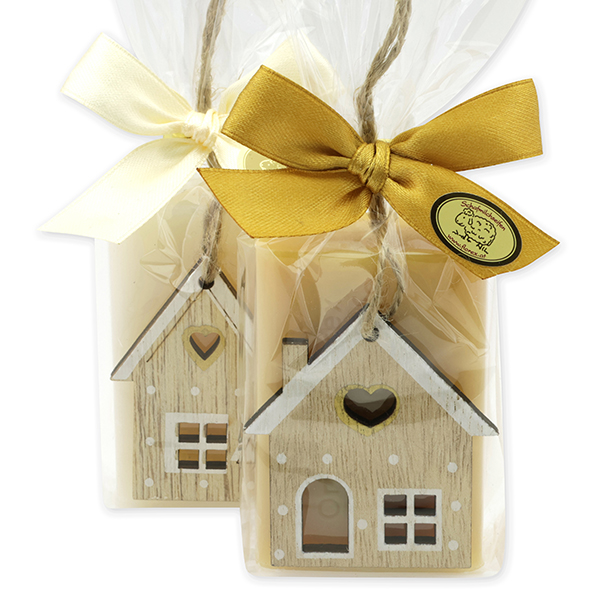 Schafmilchseife eckig 100g dekoriert mit Haus in Cello, Classic/Zirbe 