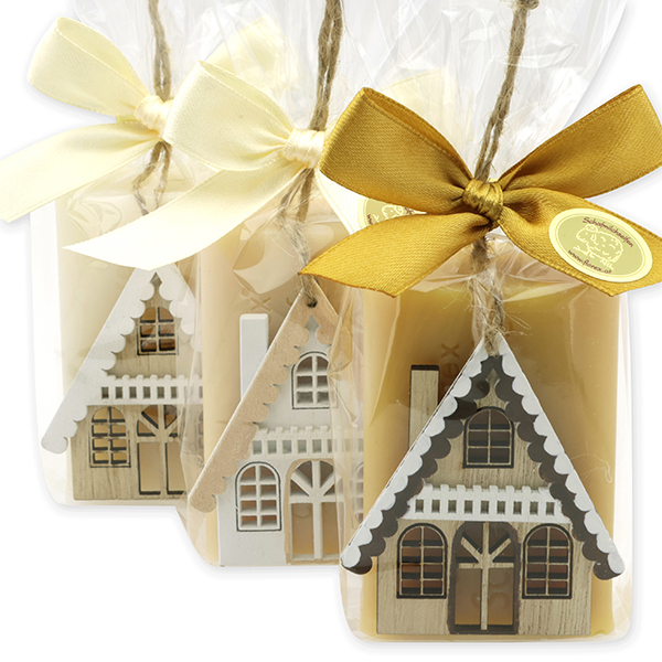 Schafmilchseife eckig 100g dekoriert mit Haus in Cello, sortiert 