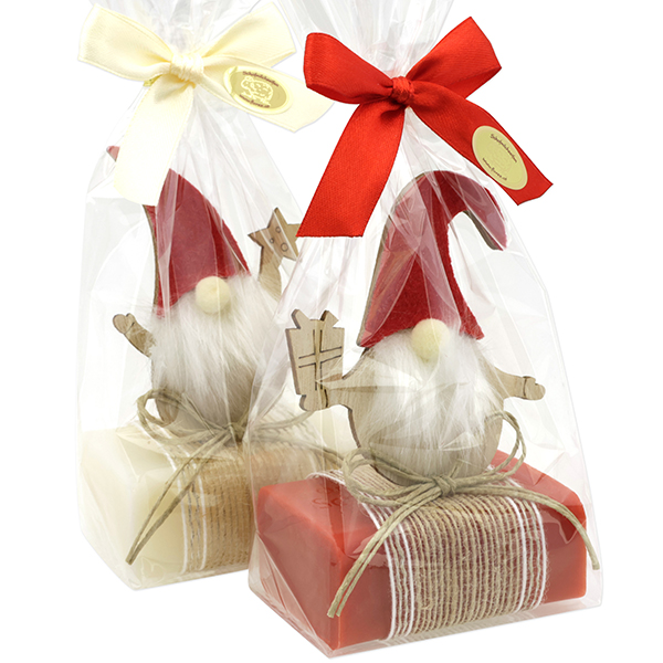 Sheep milk soap 100g deocrated with a gnome in a cellophane, Classic/pomegranate 