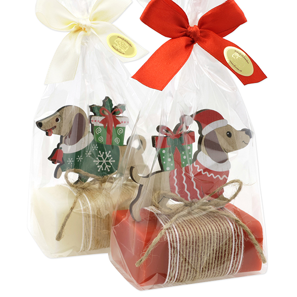 Sheep milk soap 100g decorated with a dog in a cellophane, Classic/pomegranate 