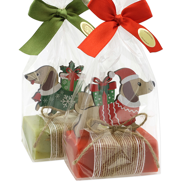 Sheep milk soap 100g decorated with a dog in a cellophane, Verbena/Pomegranate 