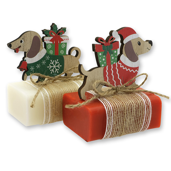 Sheep milk soap 100g decorated with a dog in a cellophane, Classic/pomegranate 