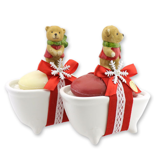 Bath tube filled with sheep milk soap handsome 150g, decorated with a bear, Classic/pomegranate 