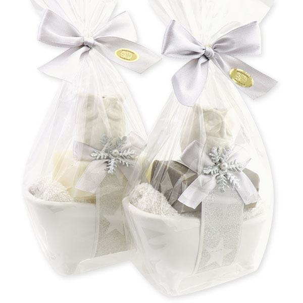 Bath tube filled with a sheep milk soap 100g, decorated with an owl in a cellophane, Classic/christmas rose silver 